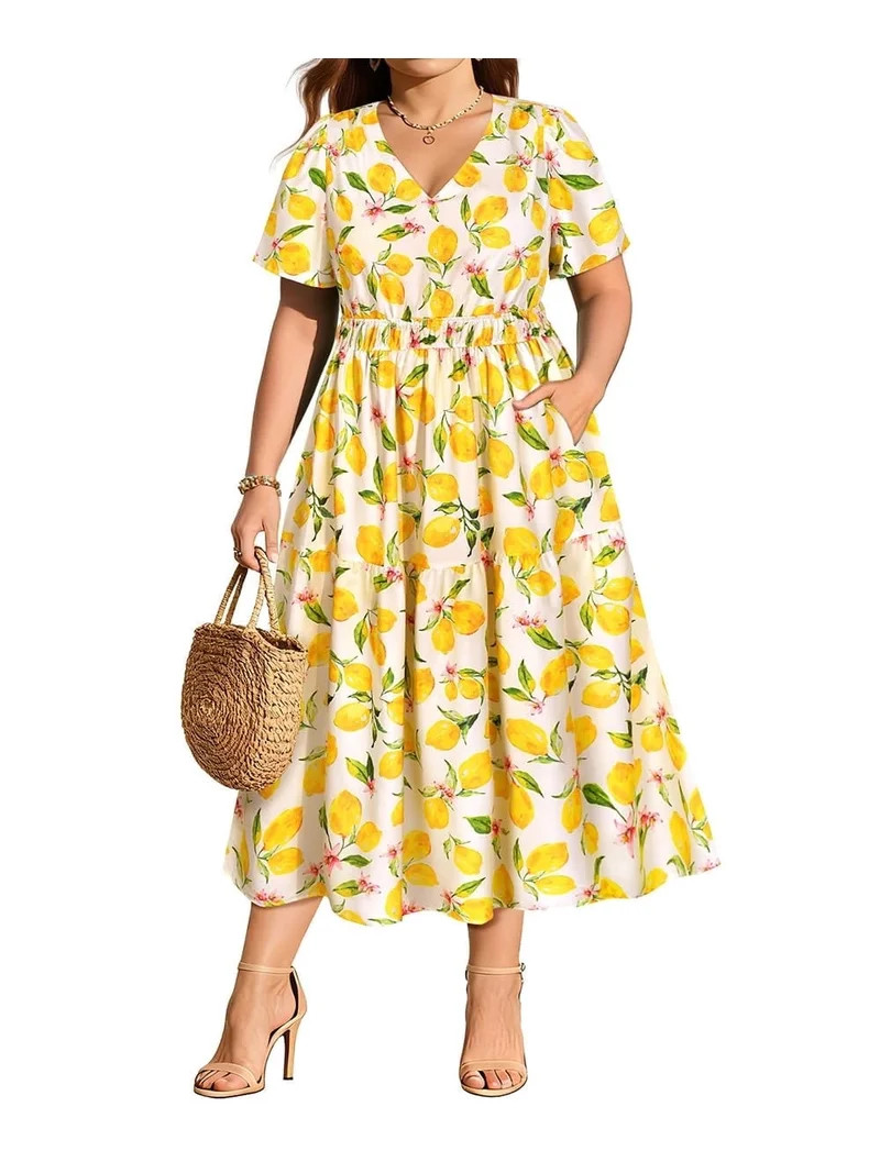 CASSIE LIZ Plus Size Dresses Womens 3X V Neck Lemons Floral Print Maxi Dress Elastic Waist Curvy ... | Walmart (US)