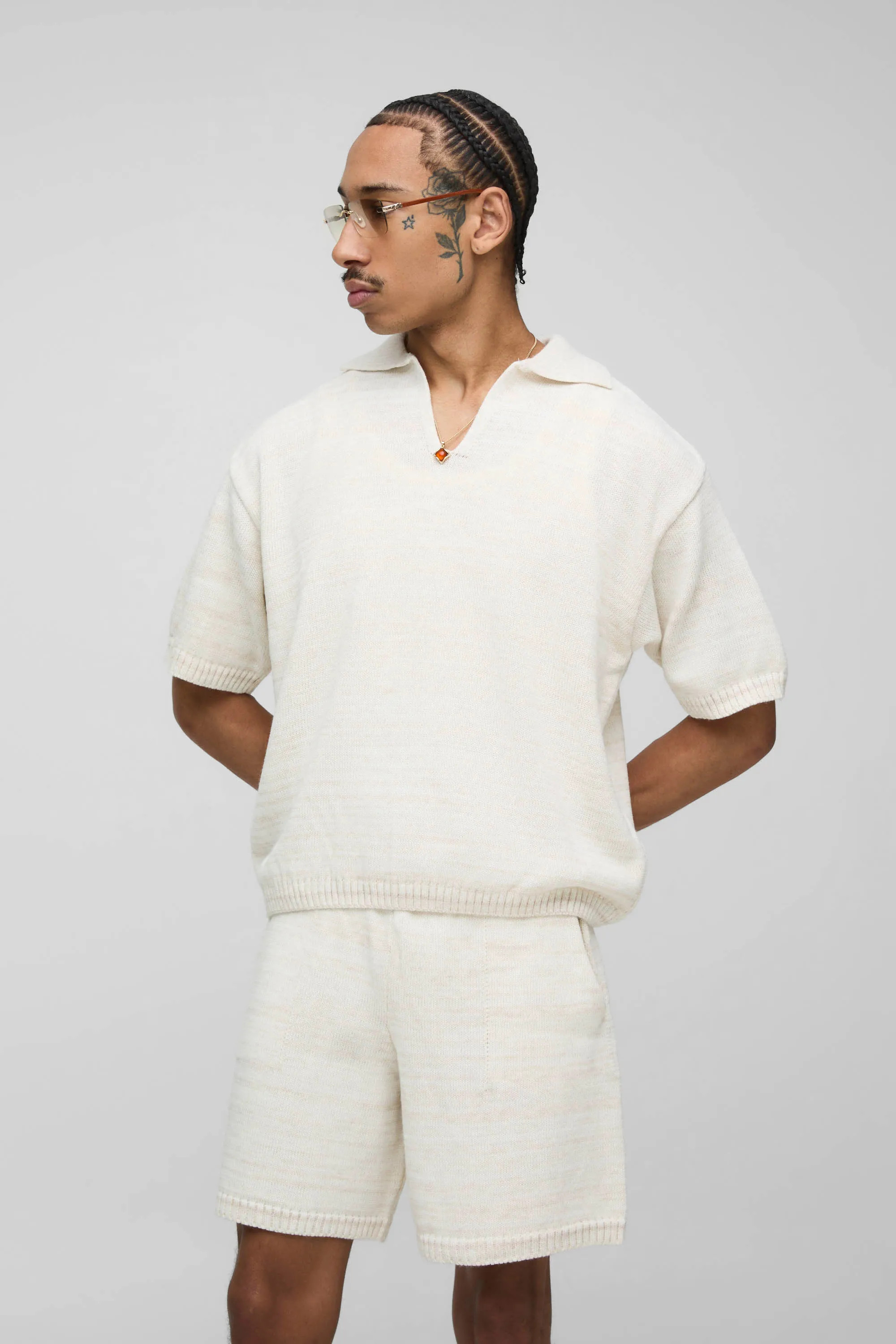 Tracksuits | Oversized Boxy Marl V Neck Polo & Relaxed Short Knitted Set | boohooMAN | boohooMAN (US & Canada)