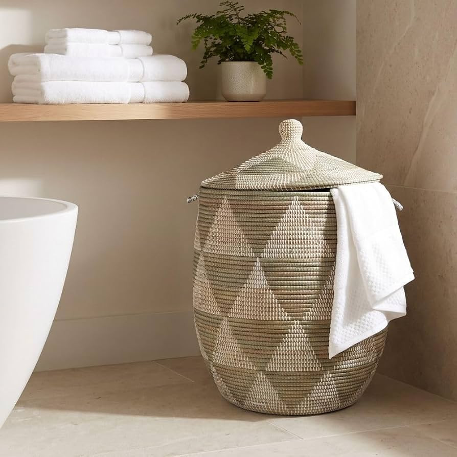 Large Laundry Hamper with Lid, Gray African Woven Storage Basket for Clothes and Blankets, Handwo... | Amazon (US)