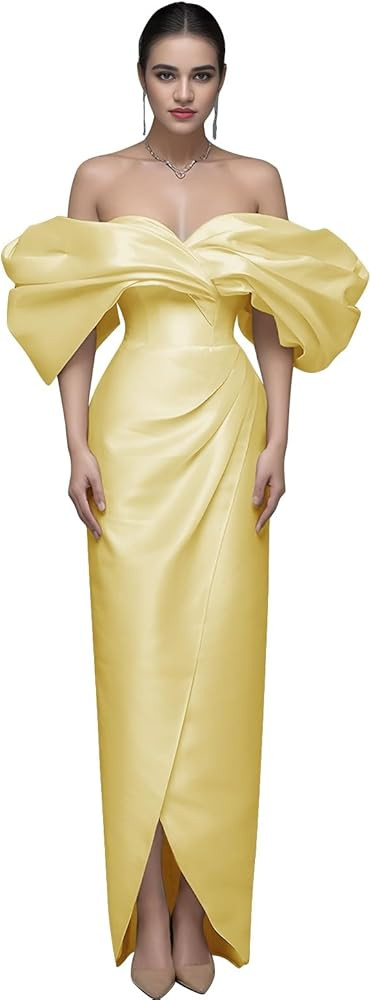 Amazon.com: LadyWill Off Shoulder Prom Dresses for Women Satin Ruffles Yellow Evening Party Gowns Floor Length Sheath Backless Formal Dress with Slit Size4 : Clothing, Shoes & Jewelry | Amazon (US)
