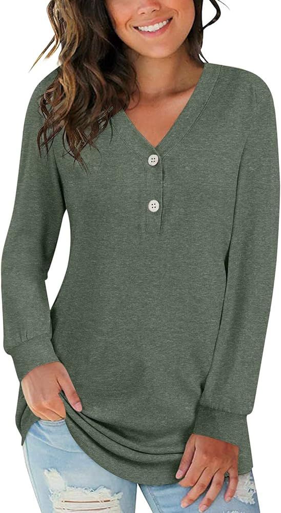 BISHUIGE Womens Button Up T-Shirts Long Sleeve Henley Tunic Tops V-Neck Casual Sweatshirt | Amazon (US)