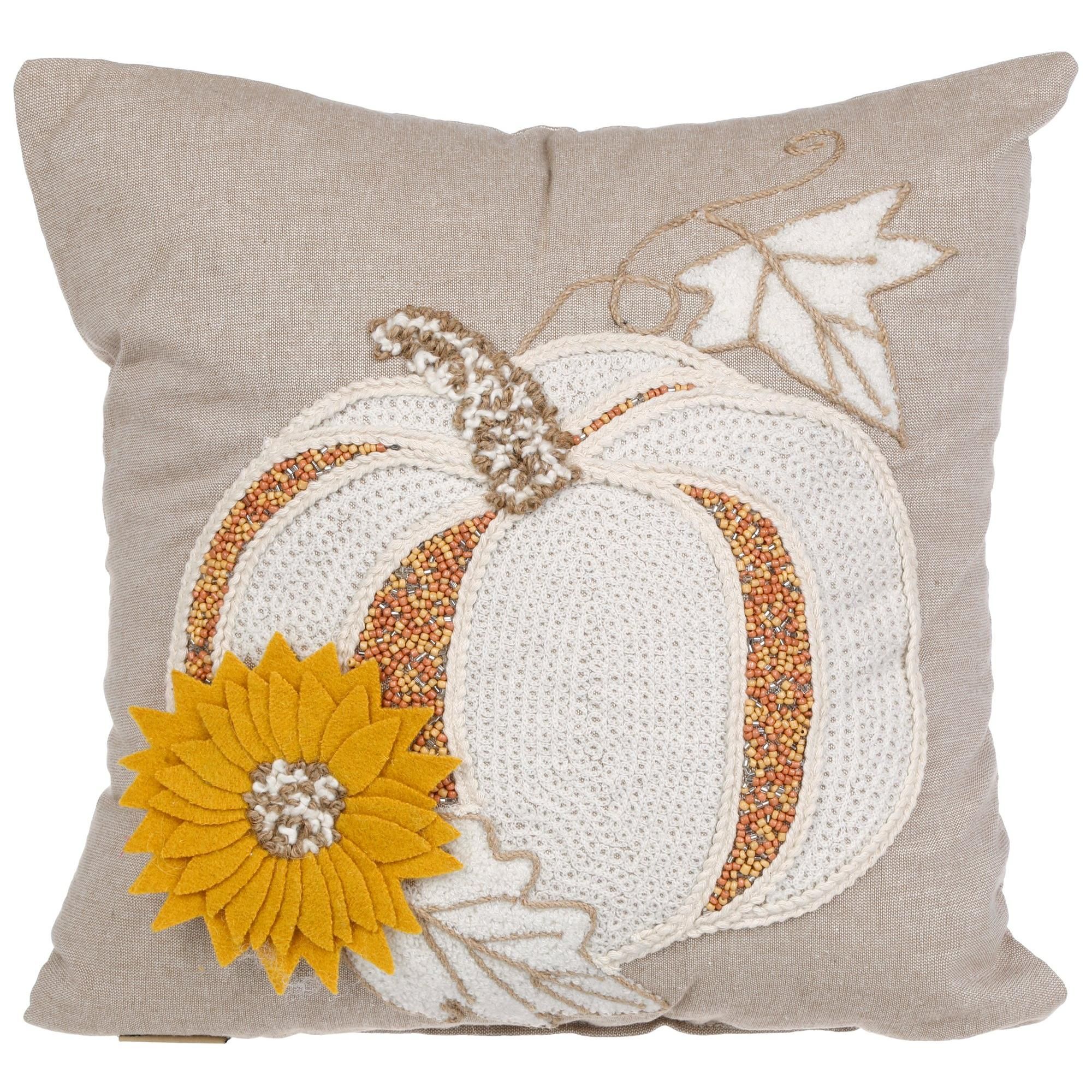 16" Linen Embroidered Pumpkin Decorative Pillow - Tan-Tan-4173269140375   | Burkes Outlet | bealls