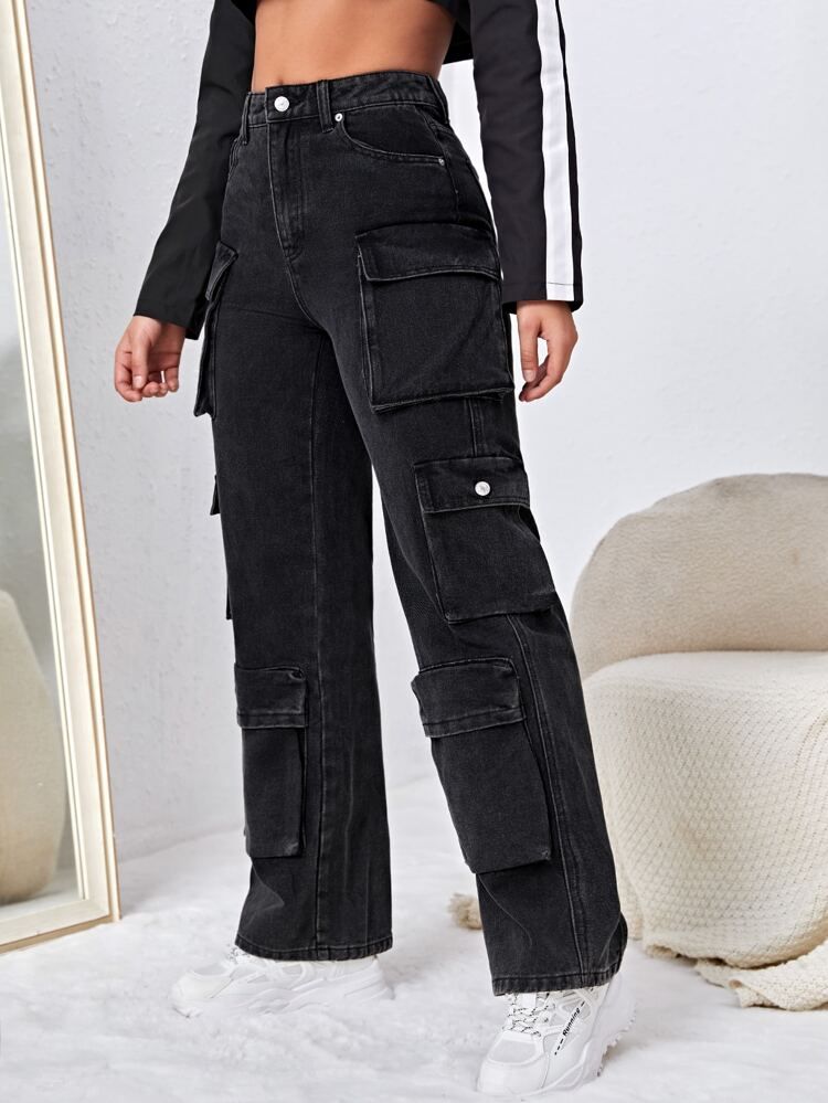 High Waisted Flap Pocket Cargo Jeans | SHEIN