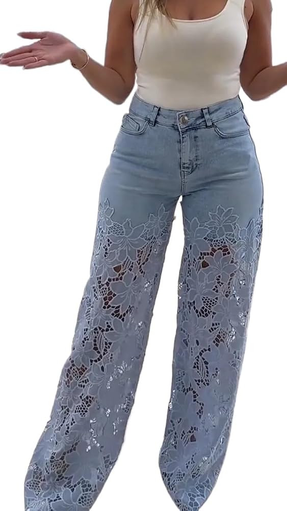 Women's Lace Patchwork Hollow Jeans, High Waisted Straight Wide Leg Hollow Out Baggy Stetch Denim... | Amazon (CA)