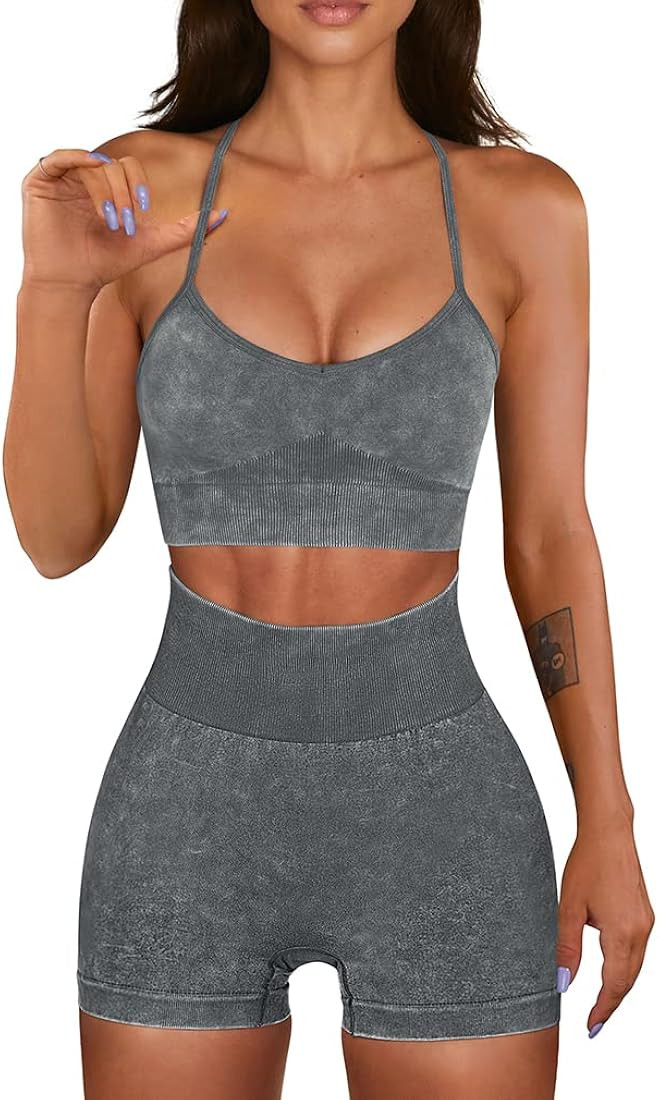 OQQ Workout Outfit for Women 2 Piece Seamless Acid Wash High Waist Shorts With Sports Bra Exercis... | Amazon (US)