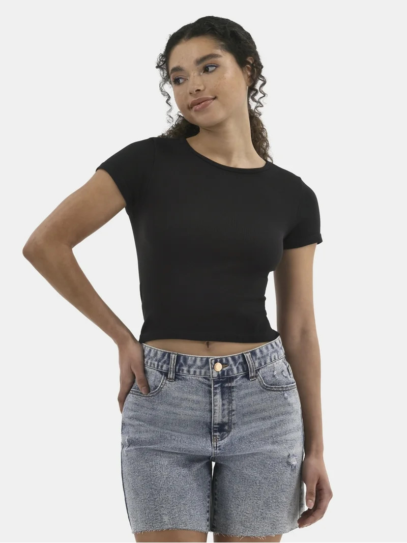 No Boundaries Seamless Crop Top with Short Sleeves, Women's - Walmart.com | Walmart (US)