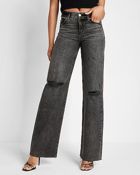Mid Rise Black Ripped Wide Leg Jeans | Express