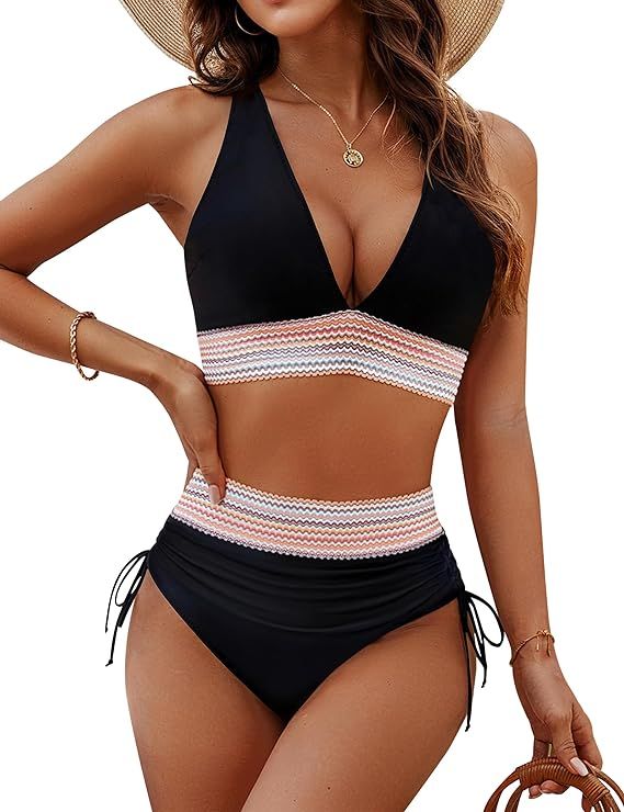 Blooming Jelly Womens High Waisted Bikini Sets Color Block Tummy Control Swimsuits Drawstring Two... | Amazon (US)