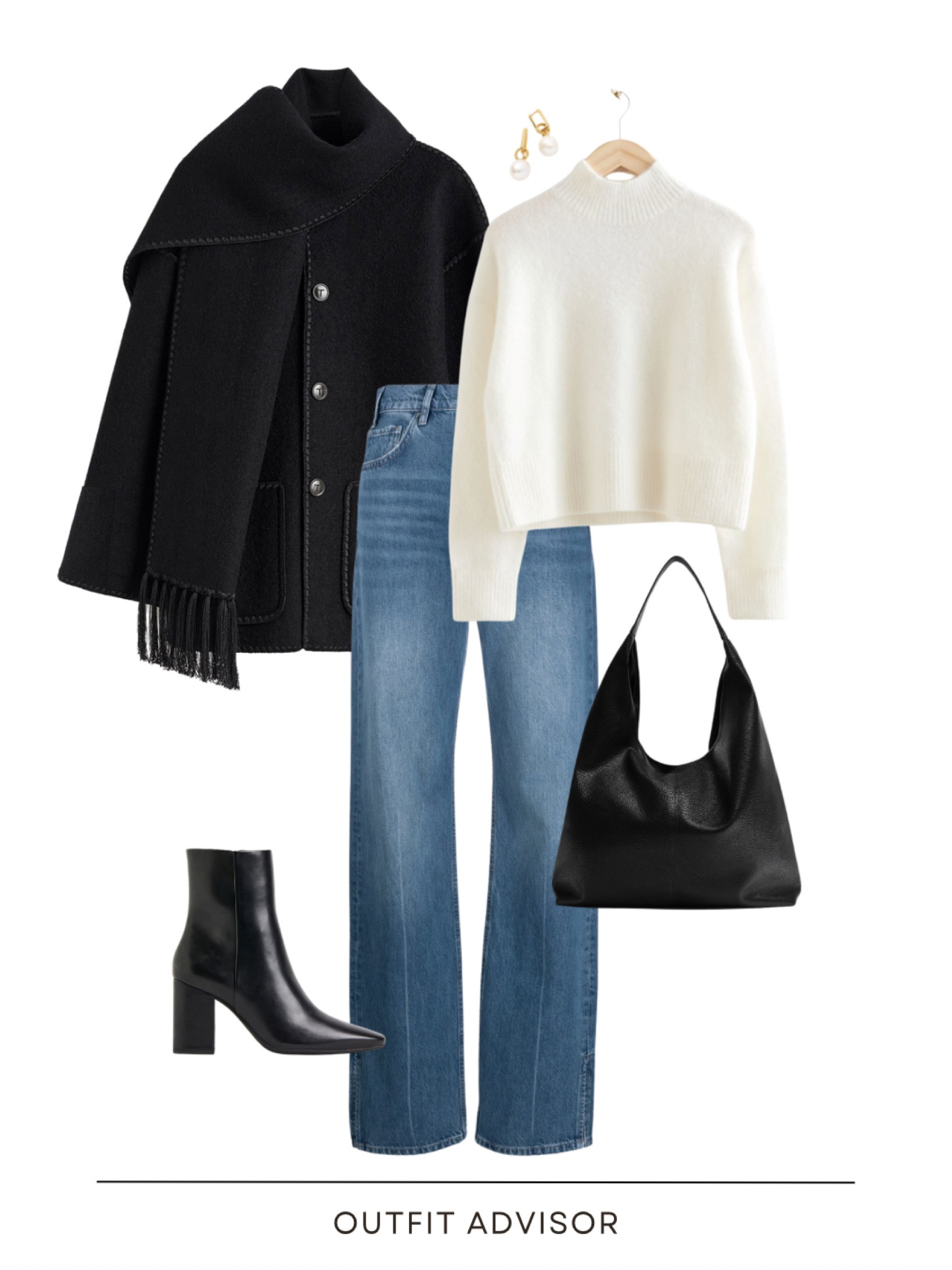 Super chic winter outfit featuring the viral toteme scarf coat, a white knit jumper, jeans, black boots, a bag and hold earrings.

#LTKshoecrush #LTKstyletip #LTKitbag