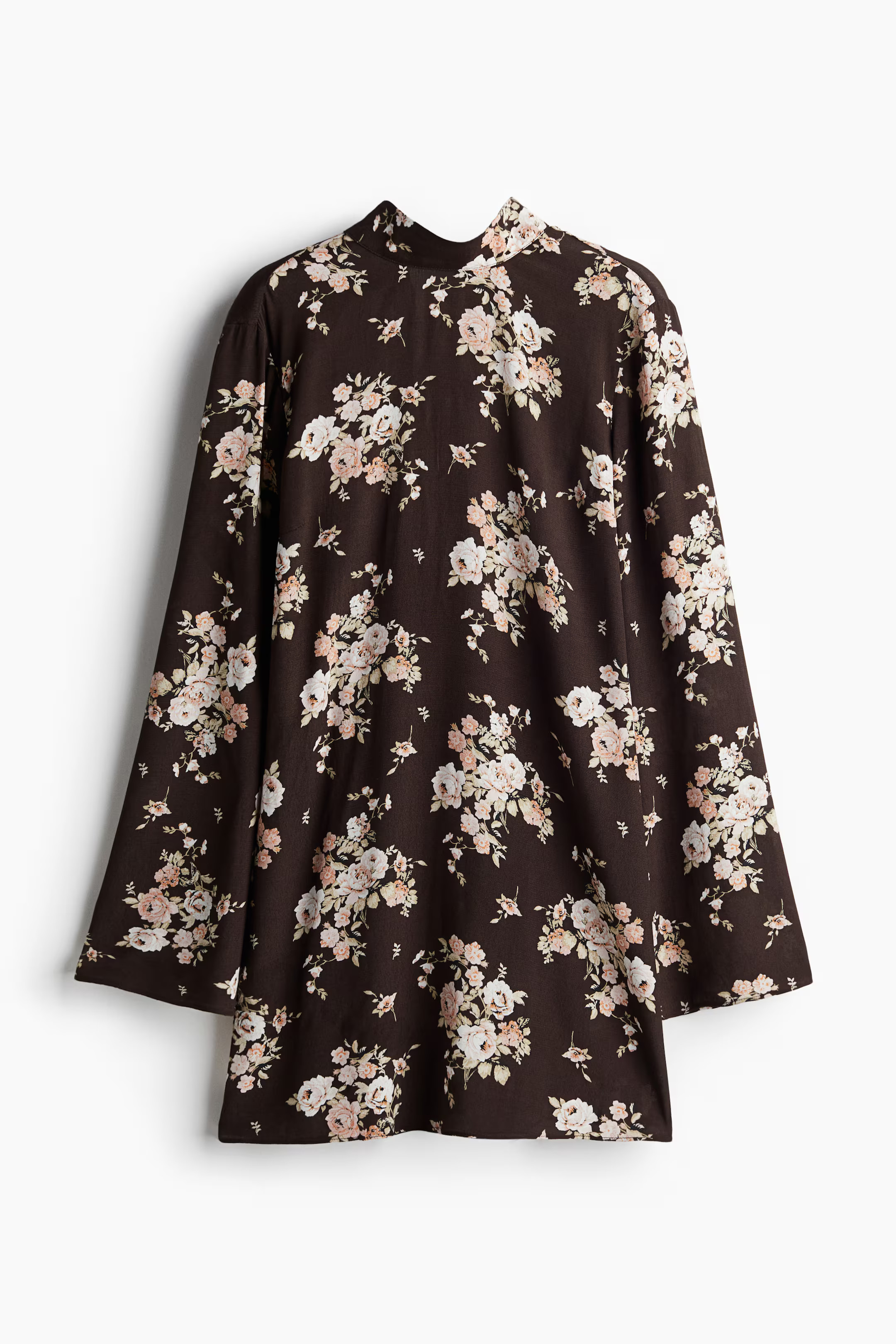Tie-Detail Open-Back Dress - Long sleeve - Short - Dark brown/floral - Ladies | H&M US | H&M (US + CA)