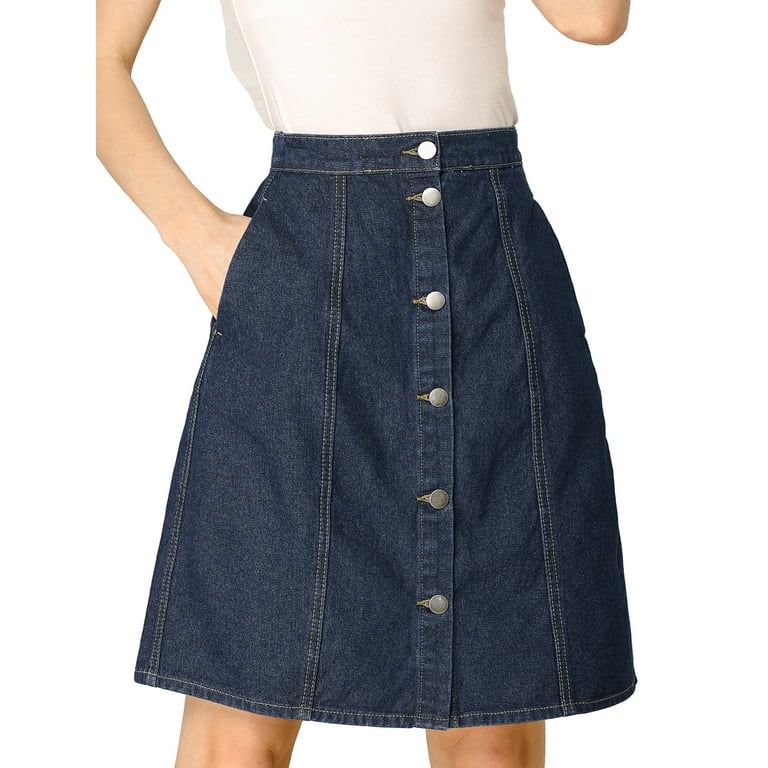 Unique Bargains Women's A-line High Waist Button Front Denim Short Skirt M Navy Blue | Walmart (US)