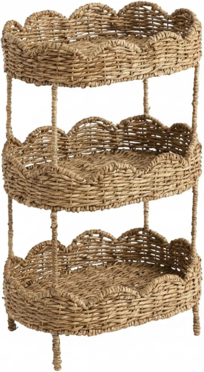 3 Tier Floor Stand Scalloped Basket Stand 3 Tier Oval Seagrass Scalloped Storage Basket Floor Rac... | Amazon (US)