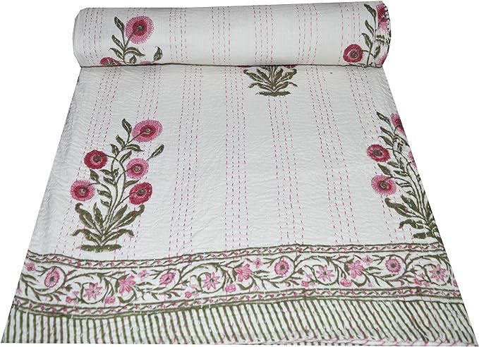 V Vedant Designs Indian Block Floral Print Twin Size Kantha Quilt Kantha Blanket Bed Cover Kantha... | Amazon (US)
