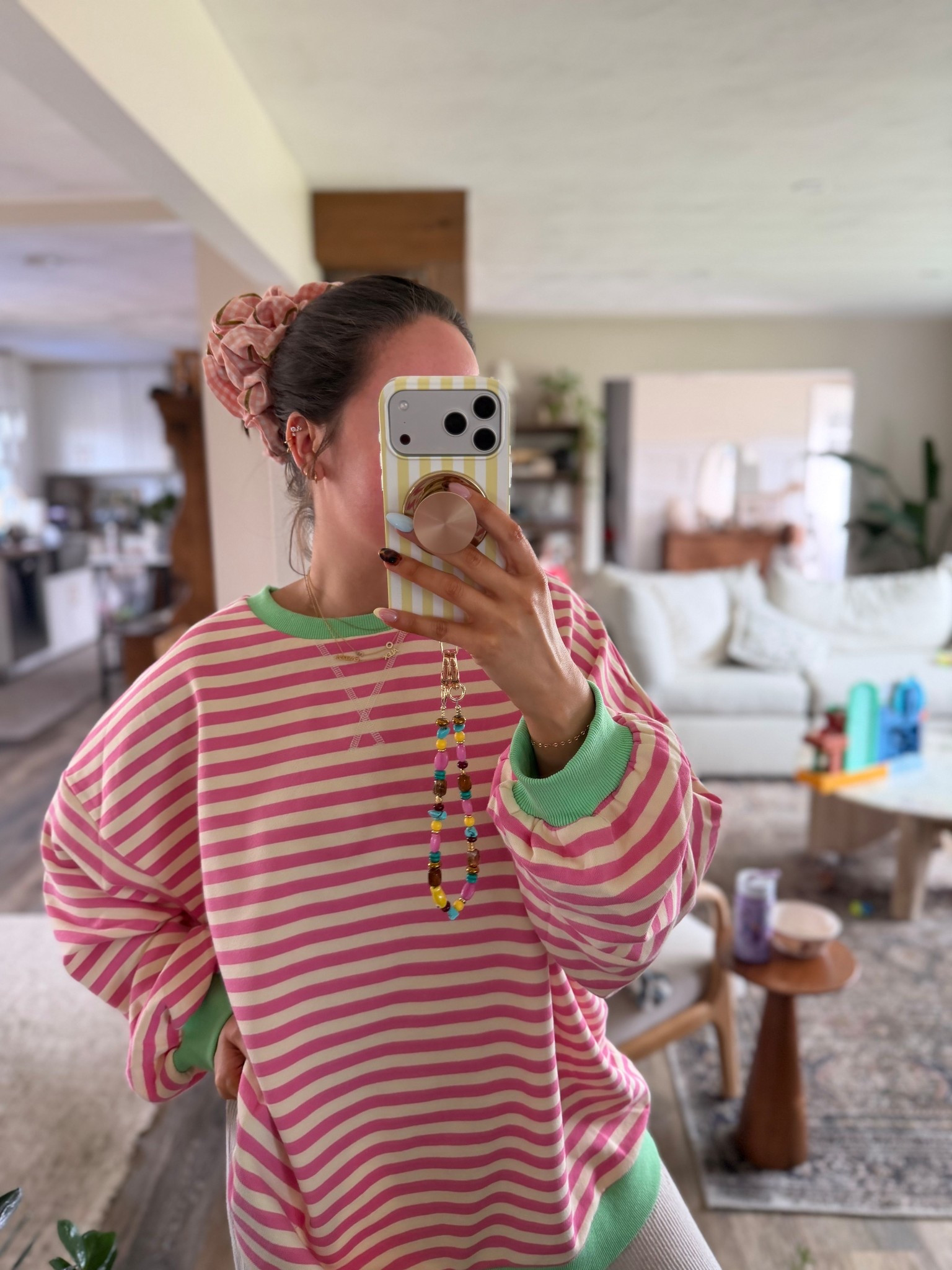 Cutest striped top today for cozy vibes. It’s freezing!!! Giant scrunchie is Kaxi Co 🩷

Weekend vibes, Saturday, striped top, striped sweatshirt, Casely case, Caep phone charm 

#LTKSeasonal #LTKdayinmylife #LTKmomlife