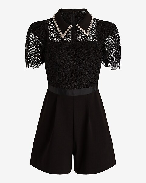 Lace Pearl Embellishment Puff Sleeve Polo Romper | Express