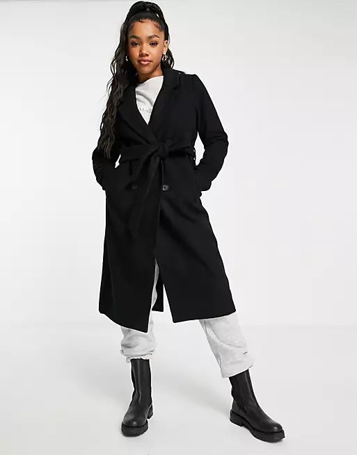 Monki Louise recycled wool long belted coat in black | ASOS | ASOS (Global)