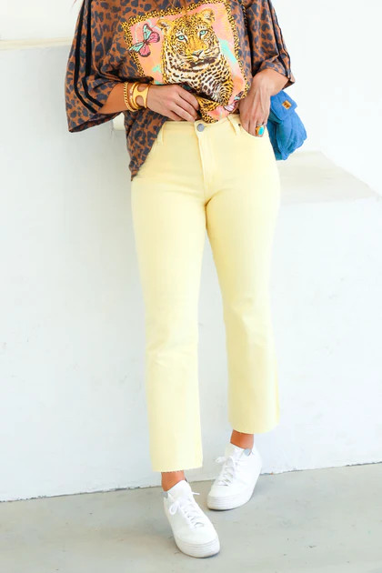 Kelsey High Rise Pastel Yellow Ankle Flare Jean | The Willow Tree