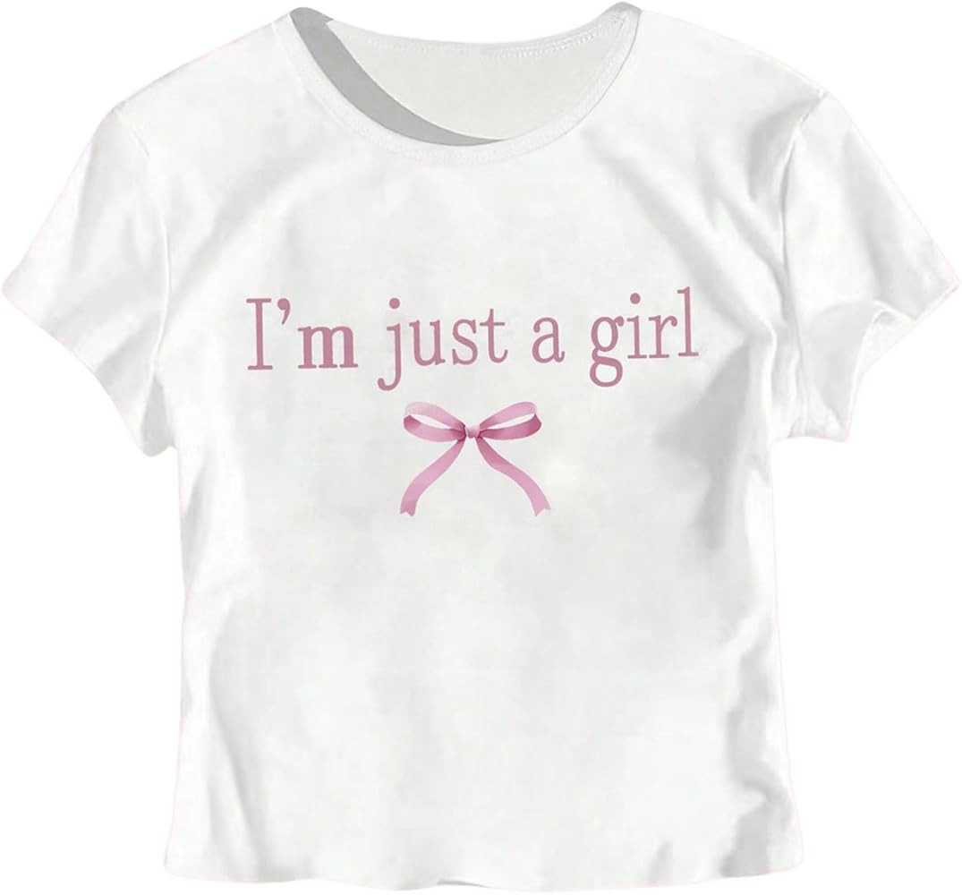 Girl's Graphic Tee Crew Neck Letter Bow Print Crop Tops Casual Cute Short Sleeve T Shirt | Amazon (US)