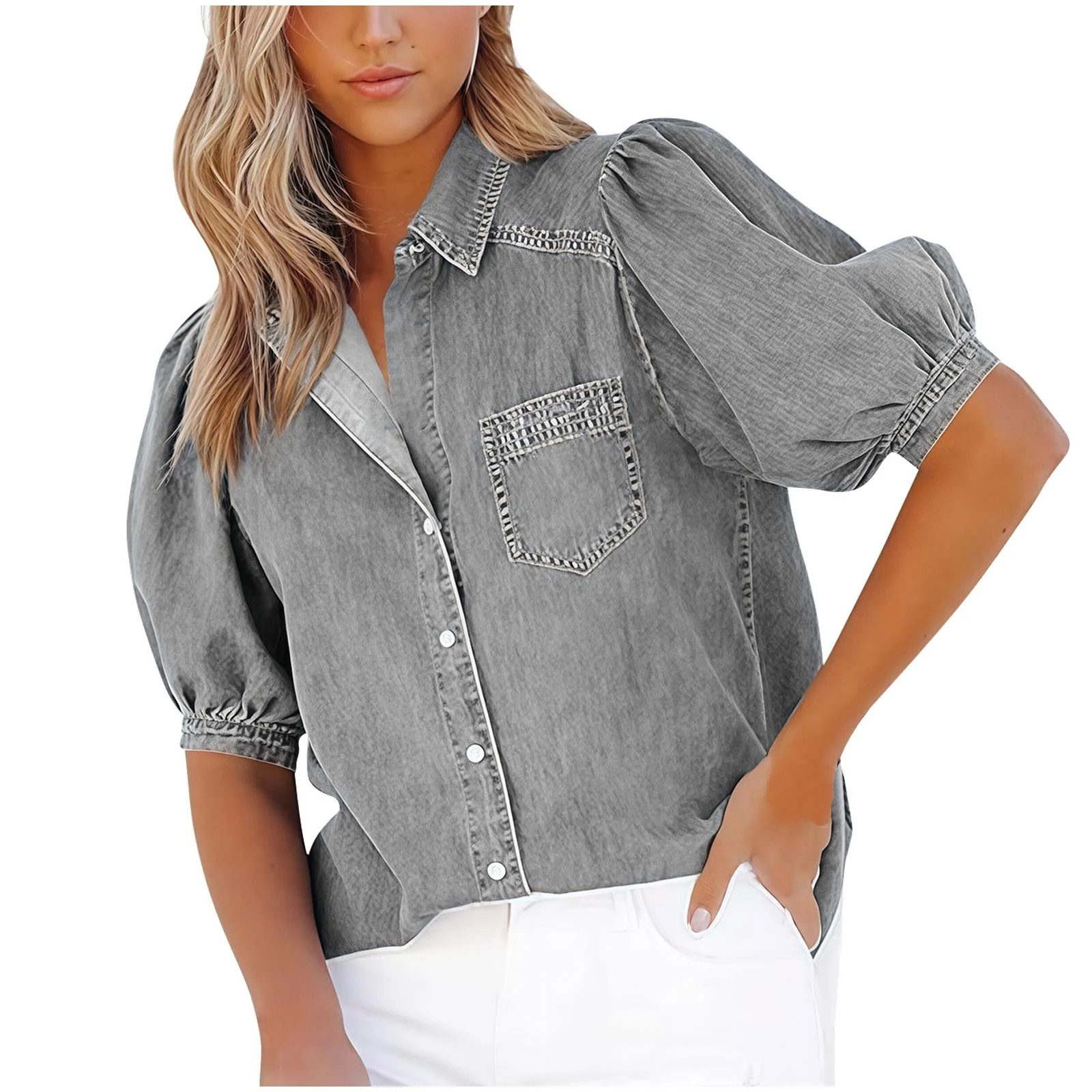Scyoekwg Women's Casual Washed Distressed Puff Sleeve Denim Button Shirt Lapel Work Blouses Jean ... | Walmart (US)