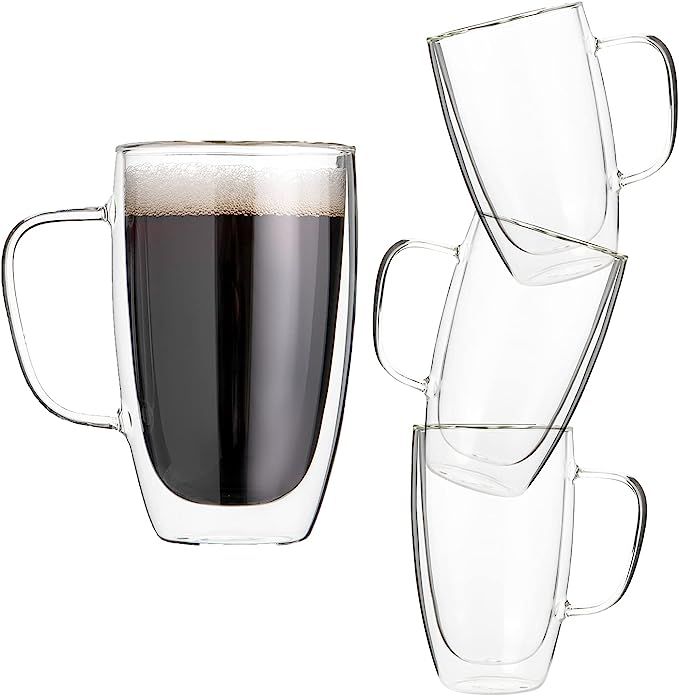 TUSAPAM [16oz, 4-Pack] Double Wall Glass Coffee Mugs, Insulated Clear Glass with Handle, Clear Es... | Amazon (US)
