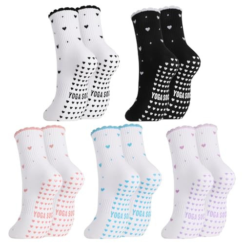 scenicamp 5 Pairs Cute Pilates Socks for Women, Ruffle Frilly Yoga Socks Non Slip Cotton Crew Socks Embroidery Pattern Workout Ballet Sock,black+white+blue+pink+purple | Amazon (US)