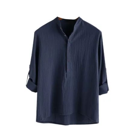 Glonme Long Sleeve Shirts for Mens Casual Office Tops Vintage Plain Blouse Navy Blue M | Walmart (US)