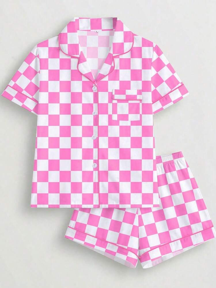 HOREA 2pcs Checkered Print Sleepwear Set For Women, Casual Short Sleeve Collared Top And Elastic ... | SHEIN