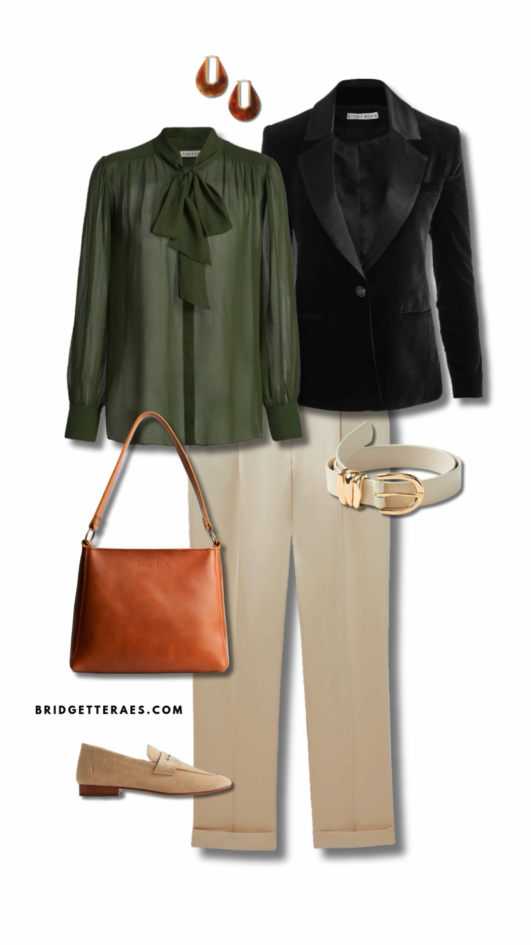 A sheer olive blouse adds a soft yet sophisticated contrast to tailored ivory trousers, while a black velvet blazer layers on top with a touch of elevated sophisication. The warm cognac tote brings earthy elegance and coordinates effortlessly with the tortoiseshell drop earrings and nude suede loafers for a grounded finish. A white and gold buckle belt adds structure and shine, tying together the mix of tones for a look that feels both commanding and approachable. 

#LTKWorkwear #LTKHoliday #LTKootd