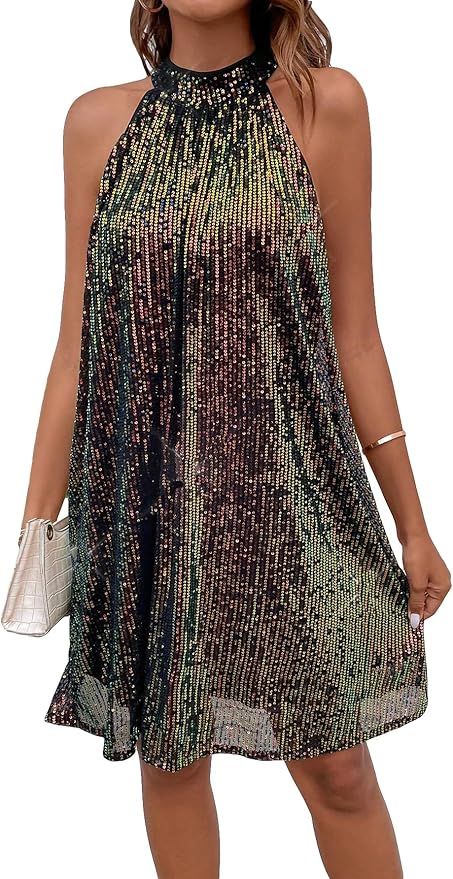 MakeMeChic Women's Allover Sequin Sleeveless Halter A Line Mini Short Party Dress | Amazon (US)