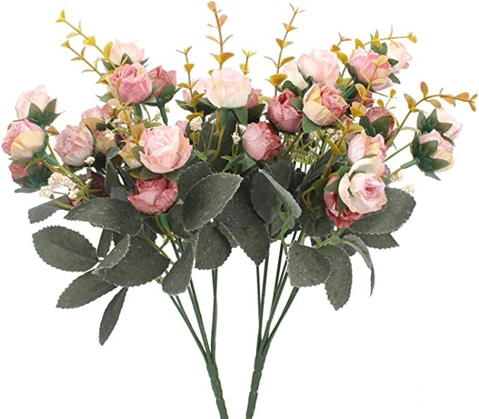 Duovlo 7 Branch 21 Heads Artificial Flowers Bouquet Mini Rose Wedding Home Office Decor,Pack of 2... | Amazon (US)