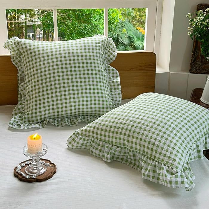 NSNLGSGC Sage Green Ruffled Plaid Gingham Pillow Shams 20"x20", Set of 2 Checked Pre-Washed Micro... | Amazon (US)