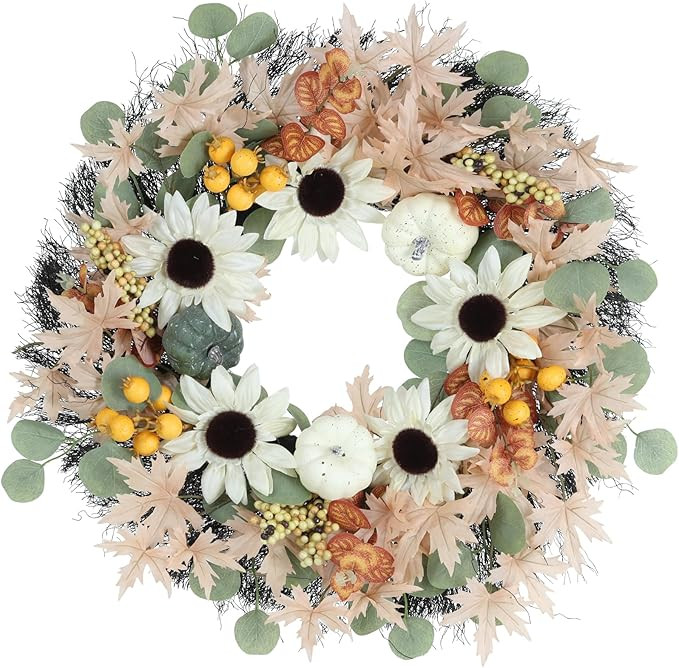 Fall Harvest Wreath, 23 Inches, Autumn wreath with Pumpkin sunflowers fruits maple and eucalyptus... | Amazon (US)