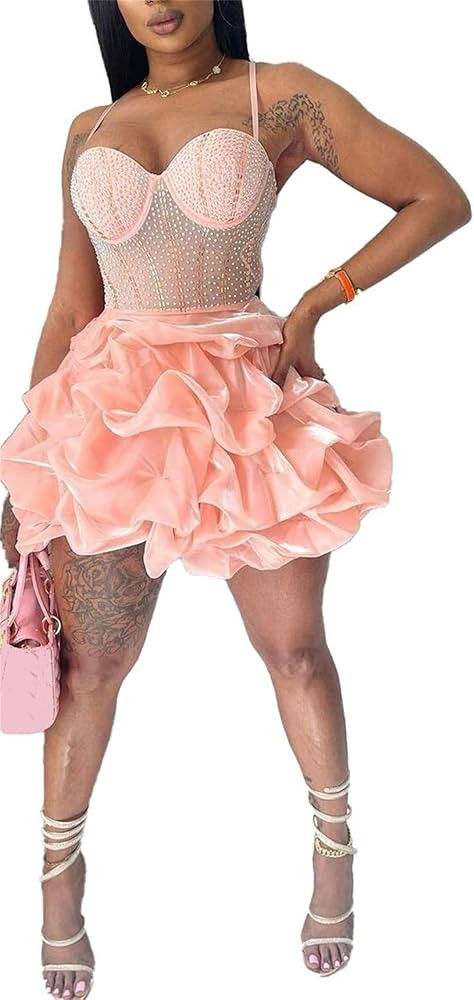 Women Rhinestone Birthday Party Dresses Women Drilling Sexy Fluffy Dress Backless Dinner Party Cl... | Amazon (US)