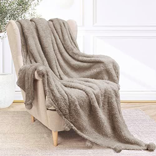 PAVILIA Tan Taupe Sherpa Throw Blanket with Soft Pom Pom Fringe, Plush Cozy Warm Blankets for Cou... | Amazon (US)