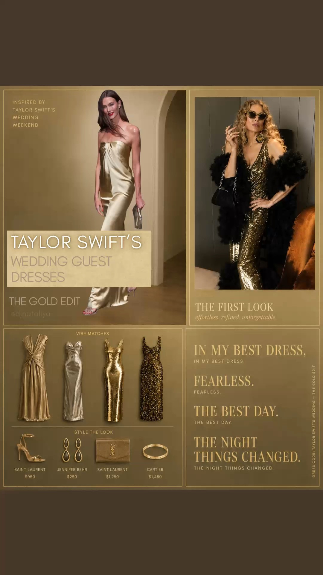 Taylor Swift’s Wedding Guest Dresses. The Gold Edit.

The Gold Edit is inspired by the warmth, glamour, and understated elegance of Taylor Swift’s wedding weekend - featuring everything from fluid satin and subtle shimmer to dramatic sequins and bold contrasts.

Inside, you’ll find four distinct interpretations of wedding guest dressing, inspired by Karlie Kloss, Fergie, and Tate McRae, along with curated outfit inspiration to help you find your own version of the look.

#LTKTravel #LTKWedding #LTKgrwm