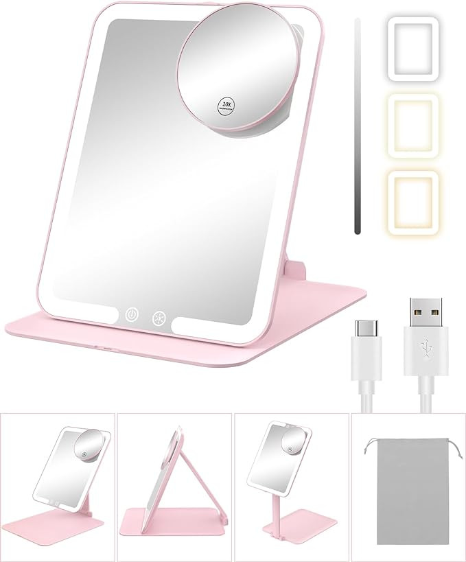 Gospire Travel Makeup Mirror with Lights and Magnification 10X, Portable Make Up Compact Tabletop... | Amazon (US)