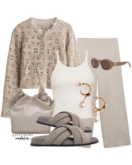 Crochet cardigan, vest top, elasticated waist wide leg linen trousers, Demellier bag, Anine Bing sandals, pearl earrings & Celine sunglasses.
Beige outfit, neutral outfit, summer outfit, everyday style, casual outfit, work wear, casual chic.

#LTKsummer #LTKworkwear #LTKstyletip