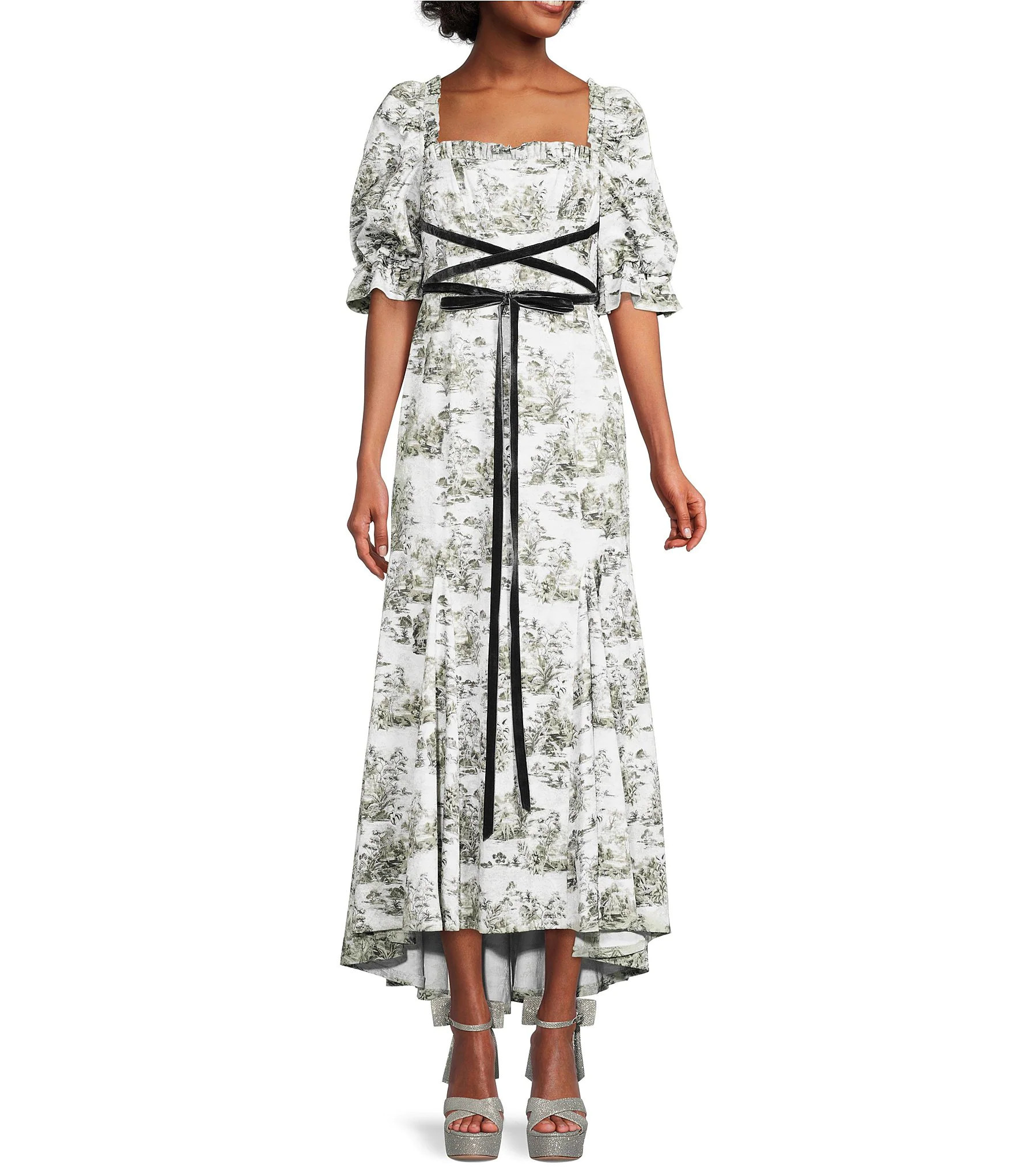 x Nicola Bathie Hallie Stretch Jacquard Square Neck Short Puff Sleeve Velvet Ribbon Detailed Tea ... | Dillard's