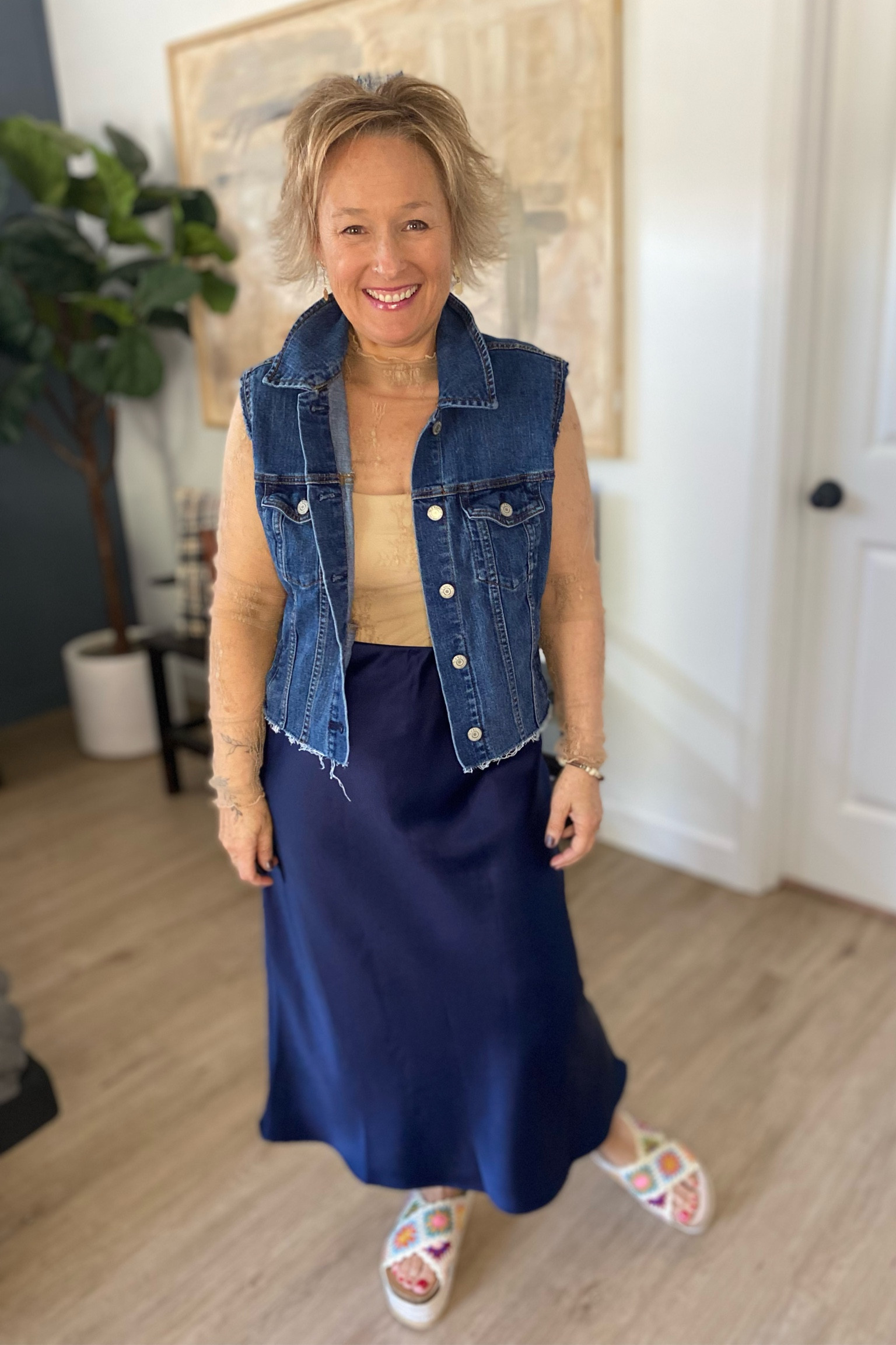 Satin Midi and Distressed Vest 

#LTKstyletip #LTKworkwear #LTKmidsize
