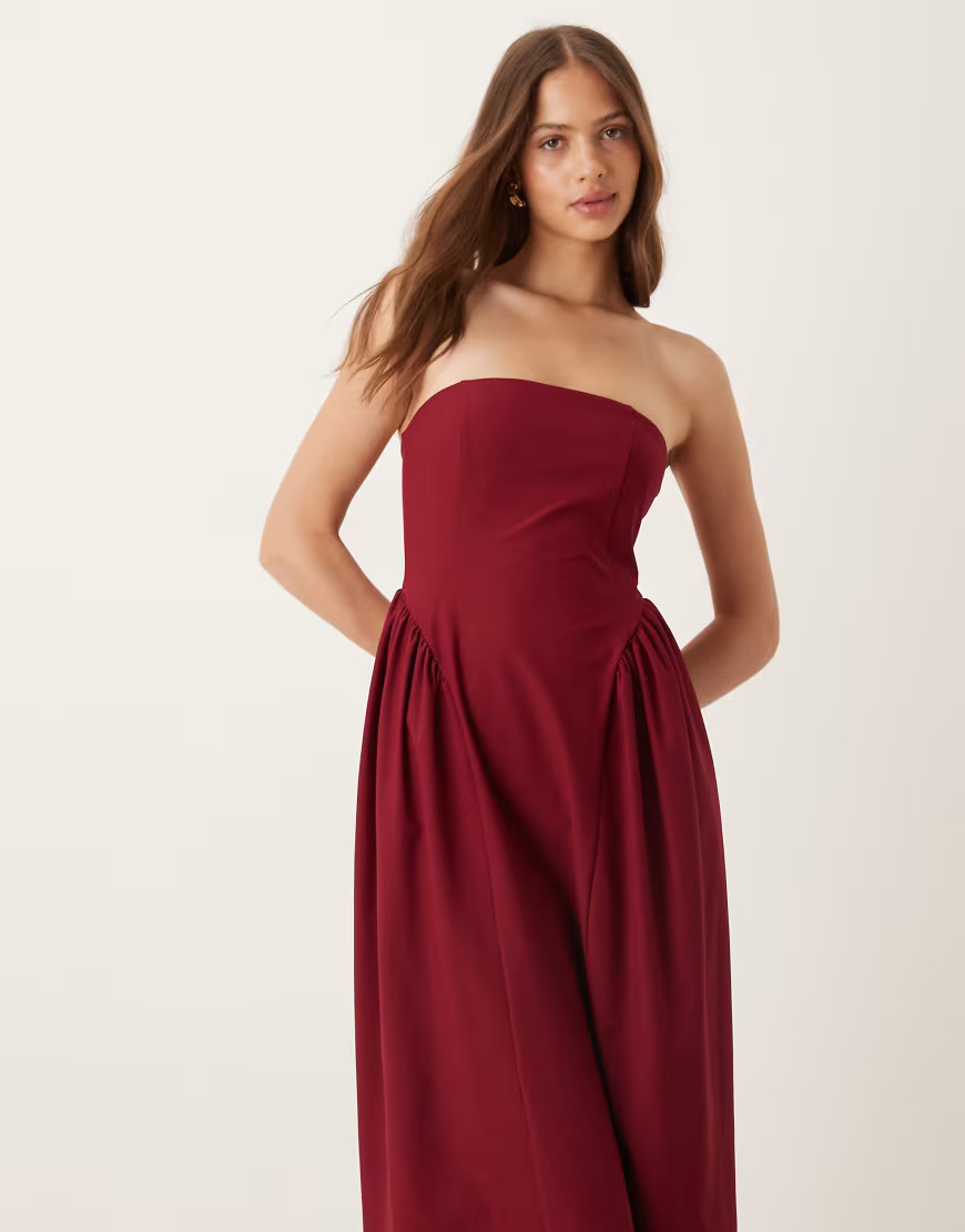 ASOS DESIGN bandeau waisted detail midi dress in wine-Red | ASOS (Global)