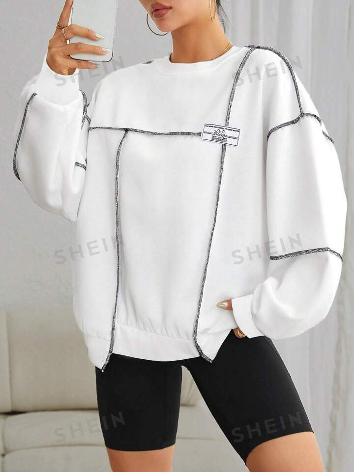 SHEIN EZwear Letter Patched Top-stitching Drop Shoulder Sweatshirt | SHEIN