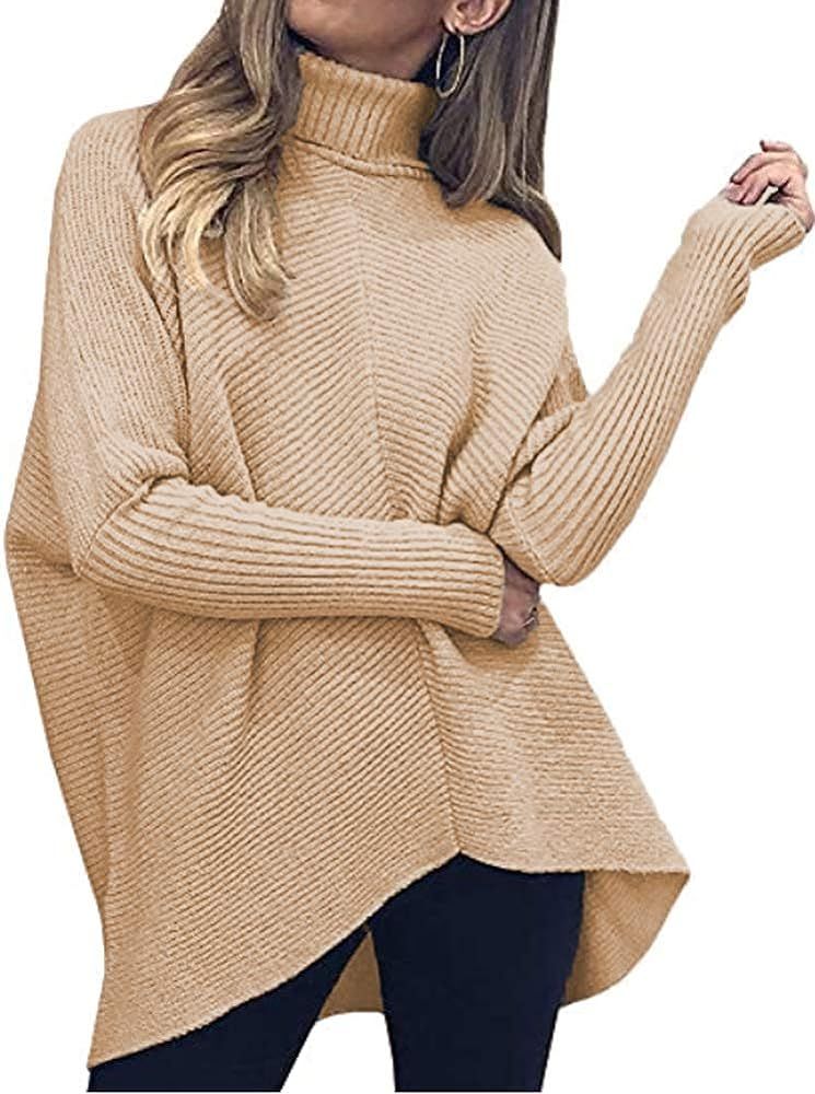 Poetsky Womens Long Sleeve Turtleneck Sweaters Oversized Knit Loose Asymmetrical Hem Pullover Tunic  | Amazon (US)