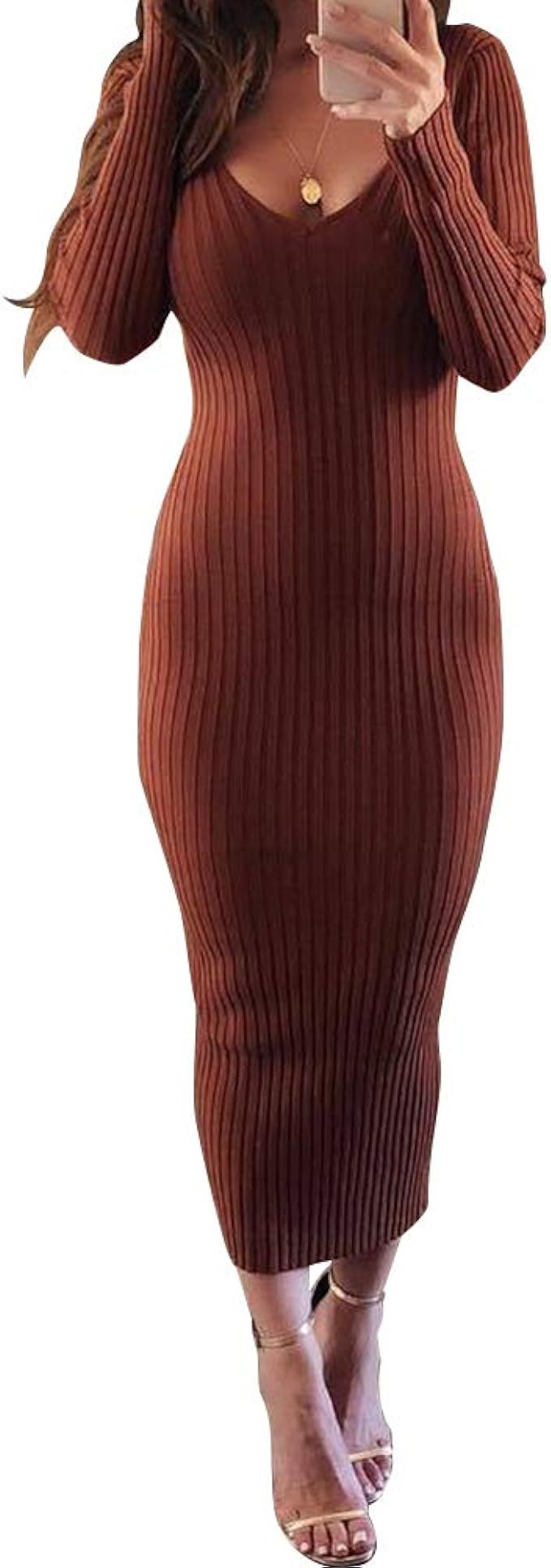 Zyyfly Women Fall Sexy V Neck Knit Long Sleeve Solid Ribbed Bodycon Midi Dress | Amazon (US)