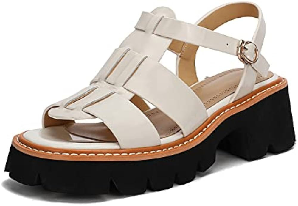RWLOVE Women Shoes Leather Square High Heels Platform Black Beige Rome Style Summer Casual Shoes Wom | Amazon (US)