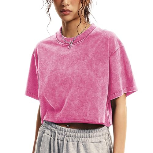 Womens Oversized Vintage T Shirts Casual Cropped Tees Short Sleeve Cotton Acid Wash Tops Summer G... | Amazon (US)
