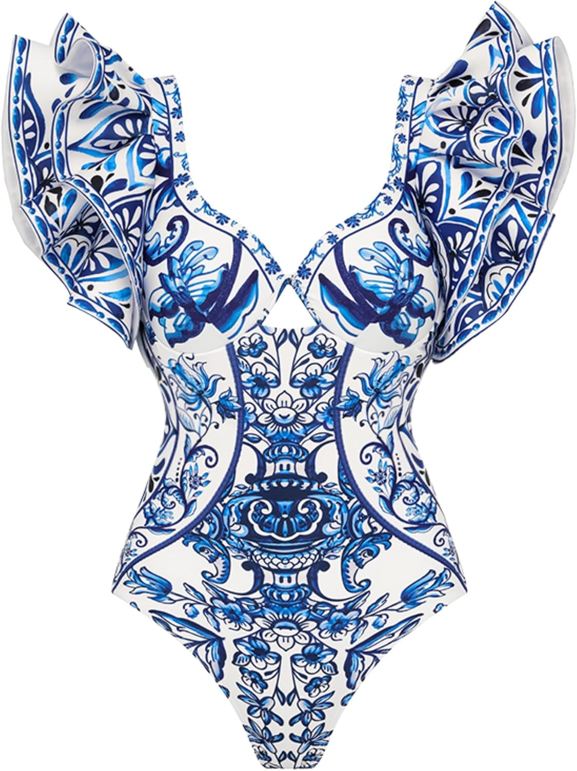 FLAXMAKER Ruffle Blue and White Porcelain Pattern Majolica Print One Piece Swimsuit and Skirt/Sar... | Amazon (US)