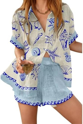 Akivide Women's Summer Graffiti Graphic Beachwear 2 Piece Set Hawaiian Short Sleeve Button Down S... | Amazon (US)