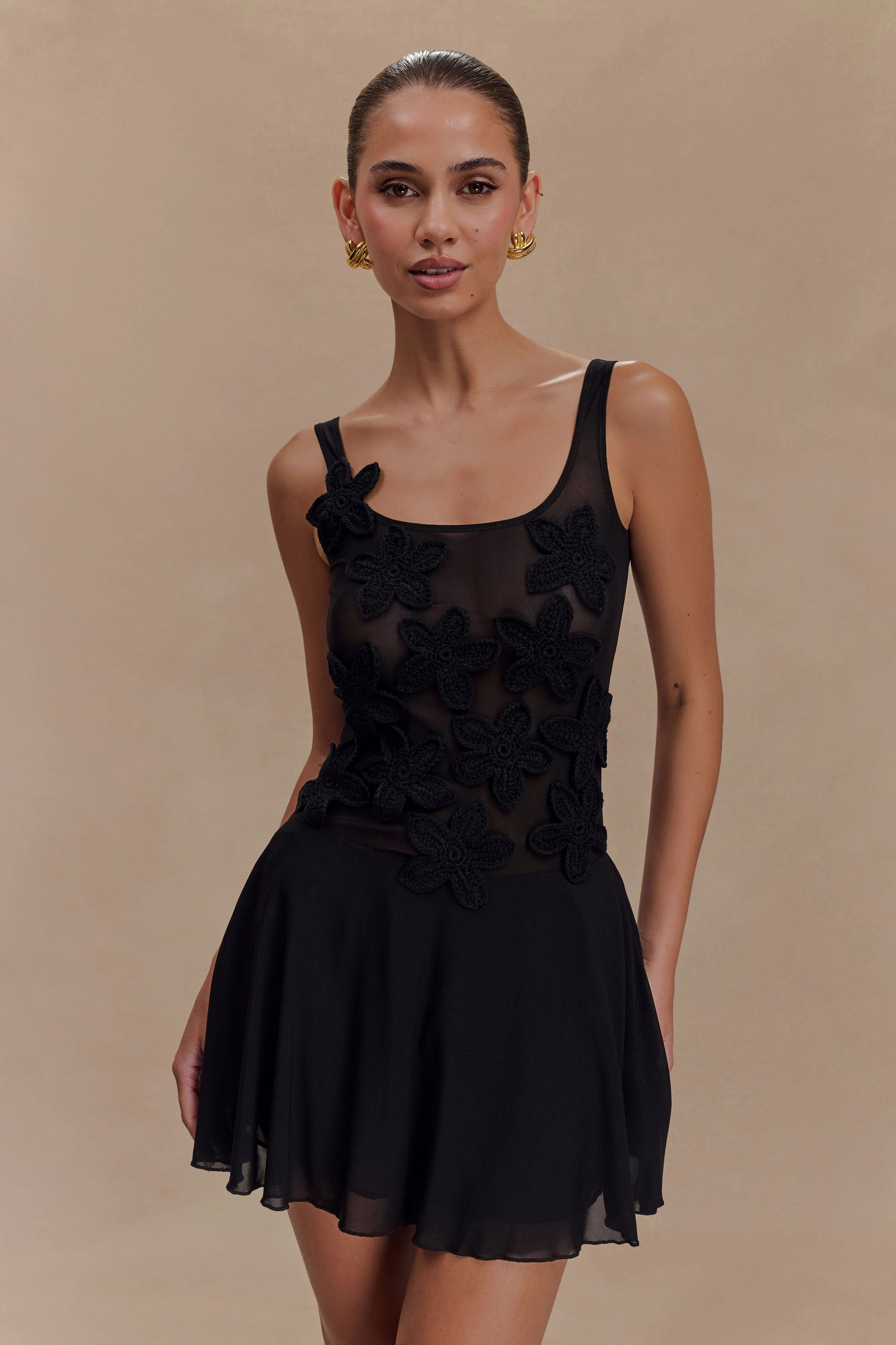 Melanie Mesh Mini Dress With Flowers - Black | MESHKI US