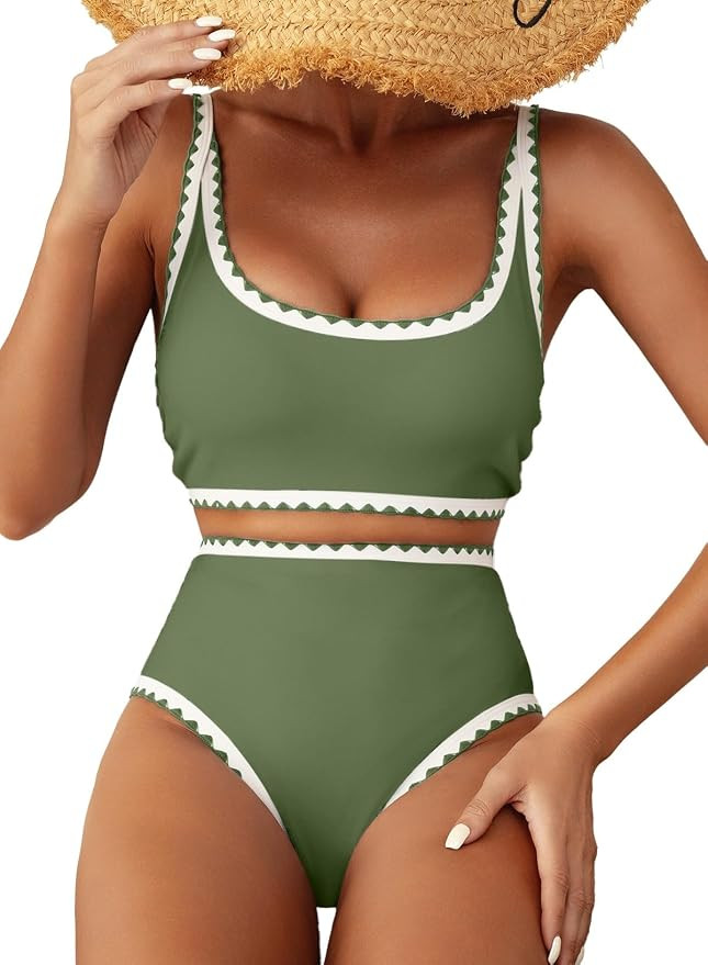 Women's Bikini Sets Floral Print Whip Stitch 2 Piece Swimsuits High Waisted Scoop Bathing Suits | Amazon (US)