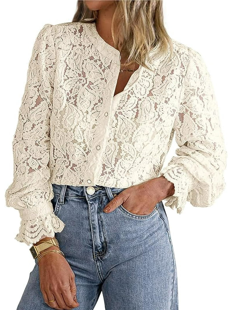 PRETTYGARDEN Women's Dressy Casual Lace Blouse Long Sleeve Button Up Shirts Tops Spring Fall Fash... | Walmart (US)